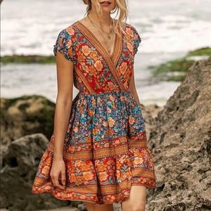 Boho Gypsy Floral Print V Neck Dress